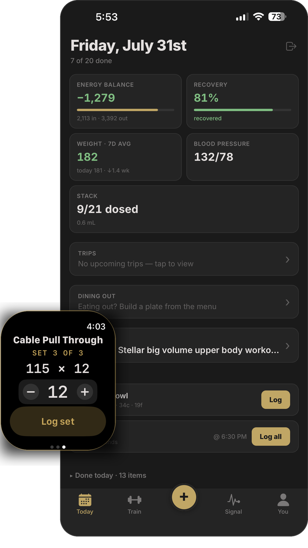 The Bespoke iPhone Today screen — energy balance, recovery, weight and blood pressure — with the Apple Watch working-set screen alongside
