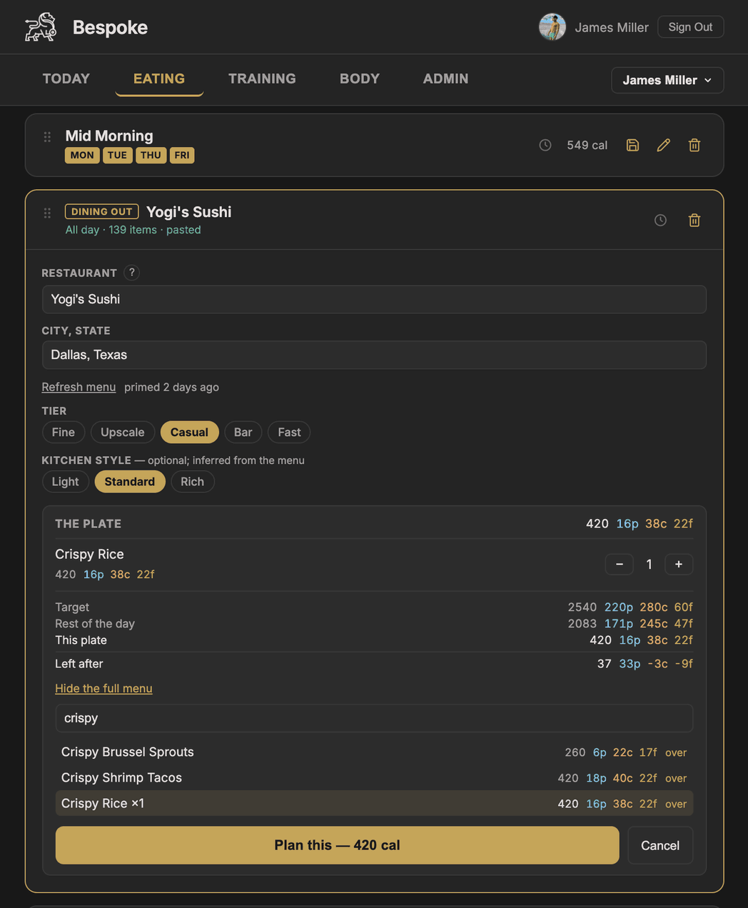 The web planner — browsing a restaurant menu with macros on every item, composing a plate