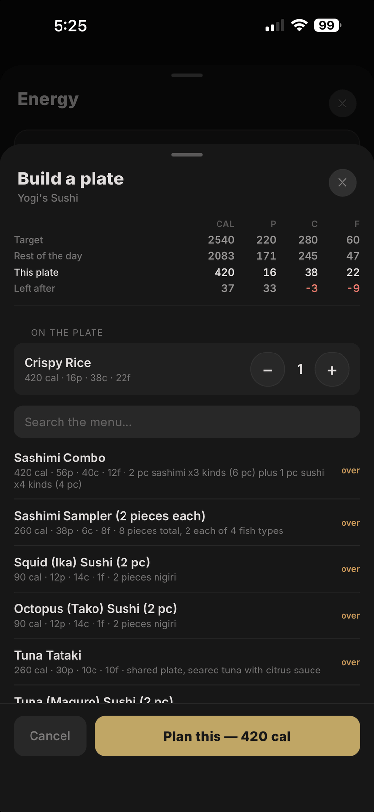 iOS app — the same restaurant menu and plate builder, at the table