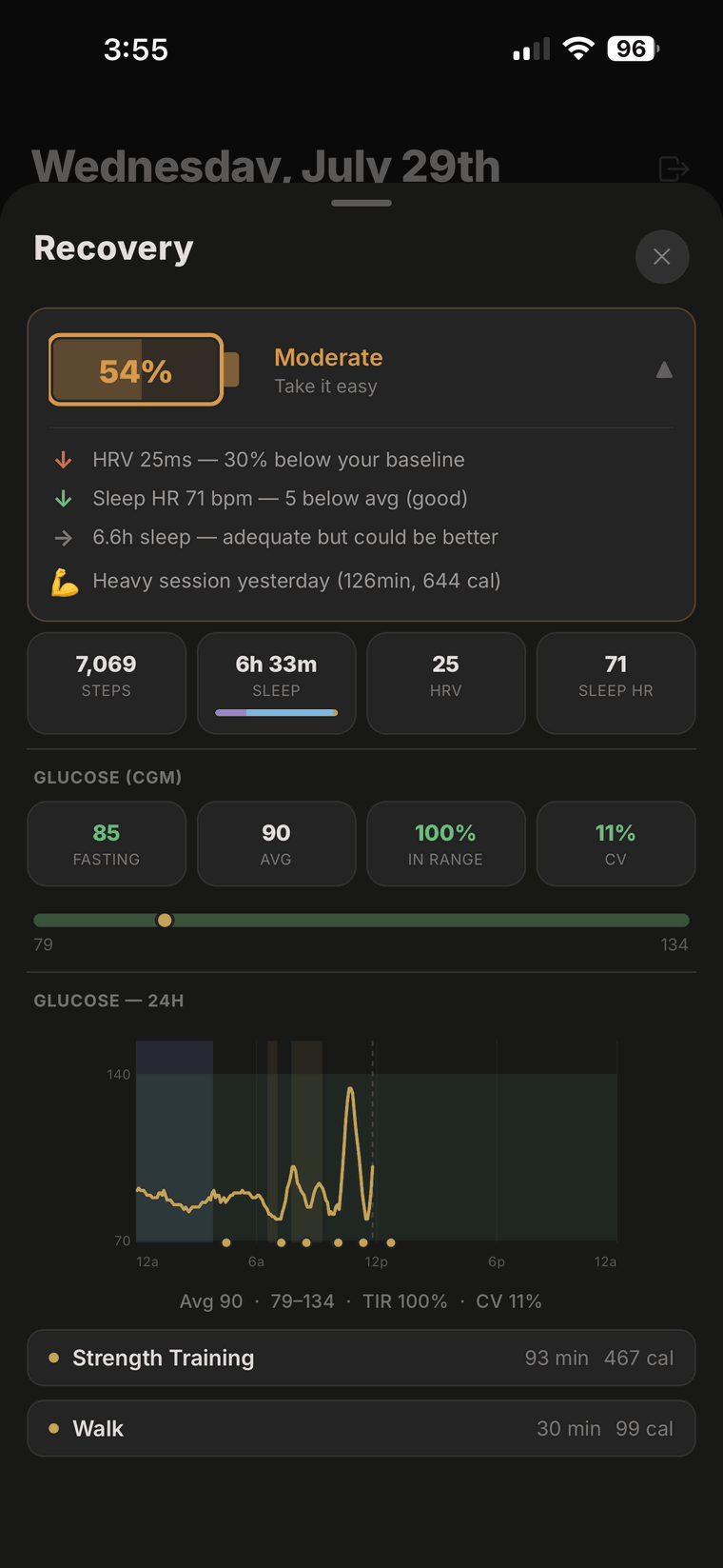 iOS app — recovery sheet with HRV, sleep, and glucose reasoning