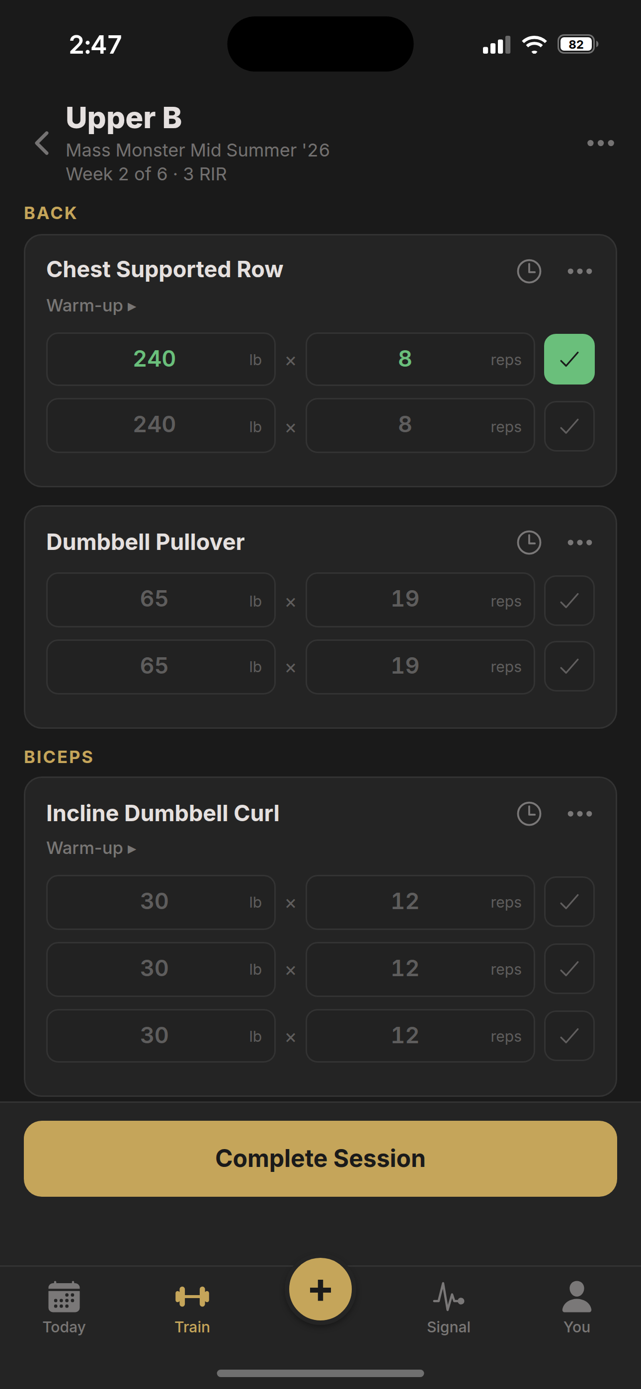 iOS app — Upper B session with the engine's per-set prescriptions