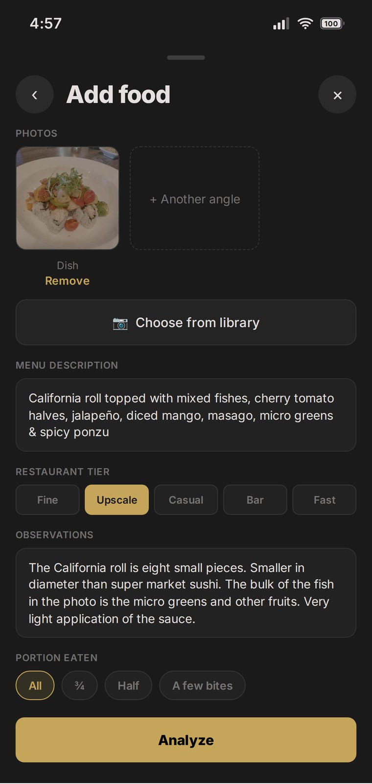 Macro Vision — photograph the plate, add menu context and restaurant tier