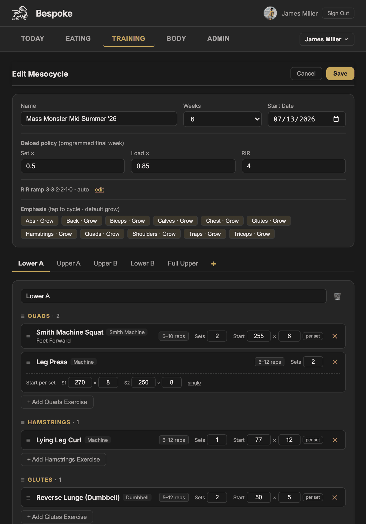 The web planner — the mesocycle editor: six weeks, per-muscle emphasis, RIR ramp, deload policy, and starting loads for every set