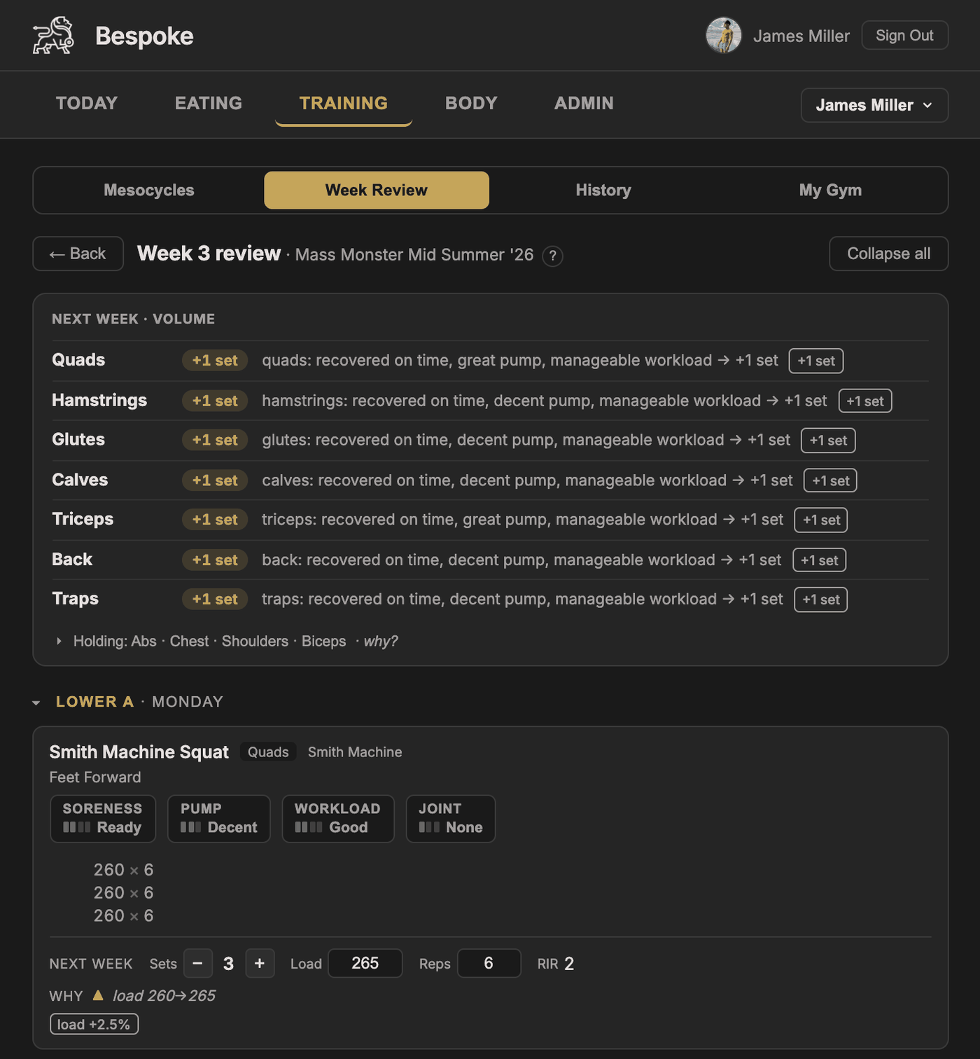 The web planner — Week 3 review: per-muscle set changes with the reasoning that produced each one, per-exercise feedback, logged sets, and next week's load with the rule that changed it