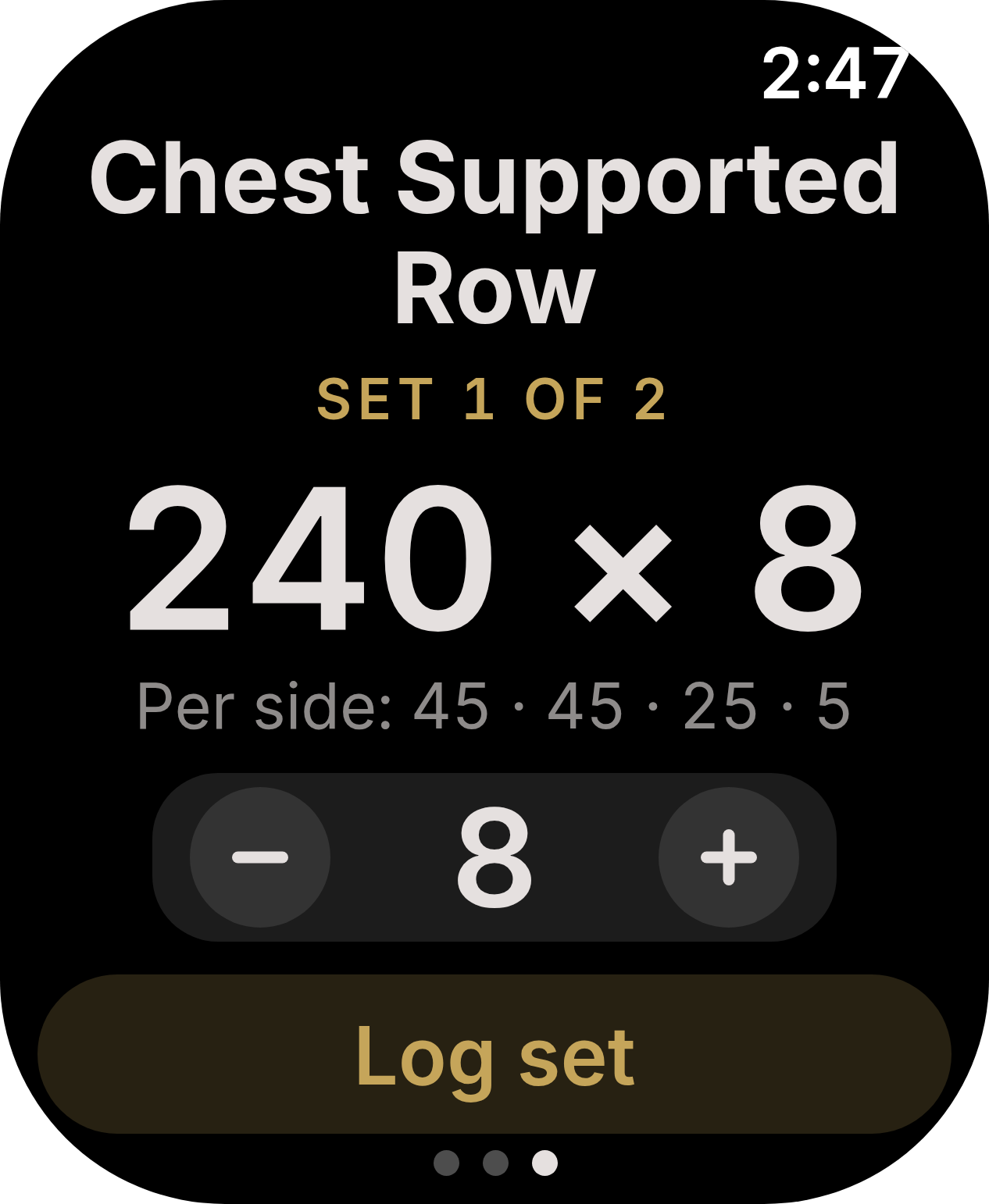 Apple Watch — working set for Chest Supported Row with target weight, reps, and per-side plate math